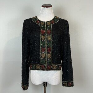 Laurence Kazar Size Petite XL Sequin Jacket Black Red Gold Bow Designs Christmas